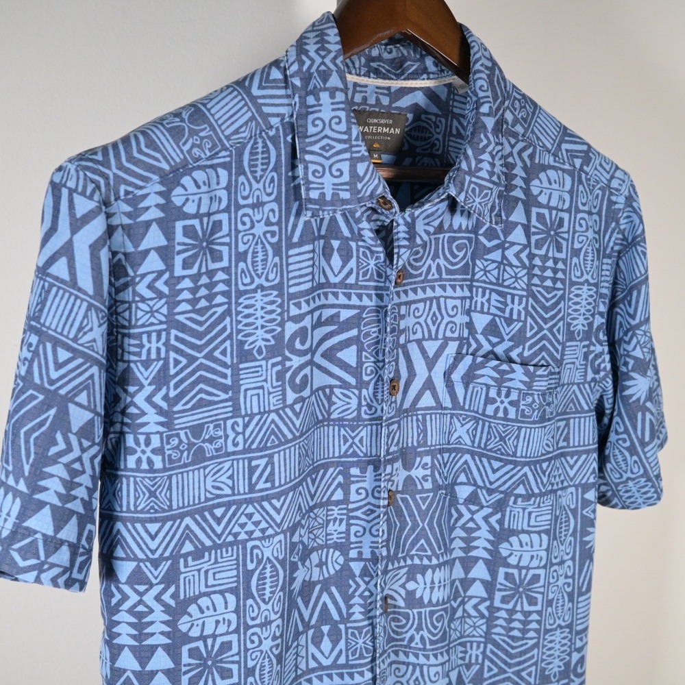 Quiksilver Waterman Mens Blue‎ Tribal Geometric Print Short Sleeve Button Down M